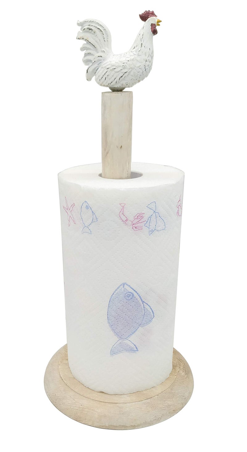 Owlgift Rooster Design Wood Shabby Whitewashed Paper Towel Holder Stand Up Paper Towel Holder, Easy One-Handed Tear Kitchen Paper Towel Dispenser with Weighted Base for Standard Paper Towel Rolls - Image 1